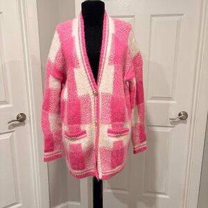 Maje My Squared Checkered Jacquard Cardigan, Size M, Hot Pink Mohair Oversized